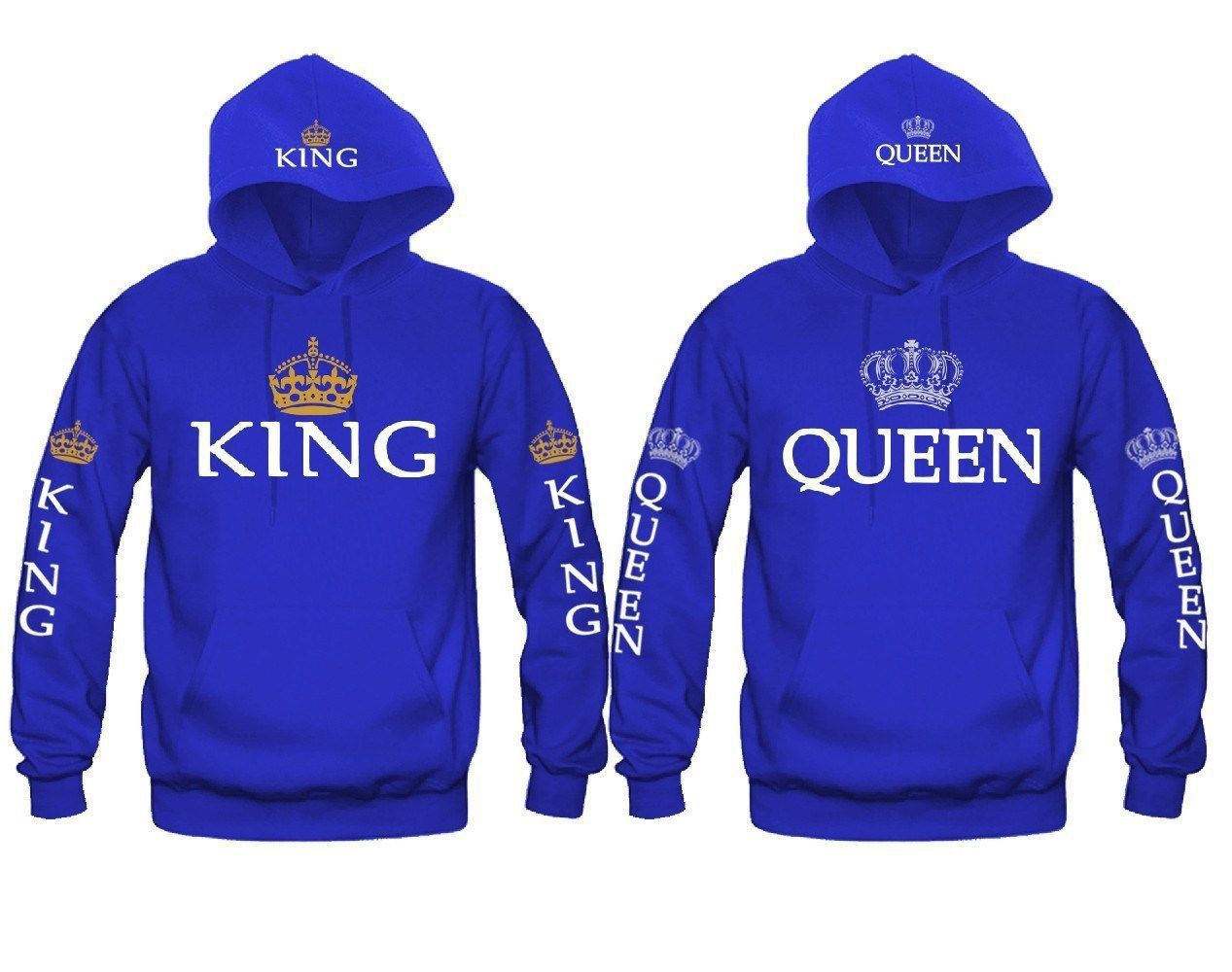 Blue king and queen hoodies with crown graphics and bold white lettering on front, sleeves, and hood