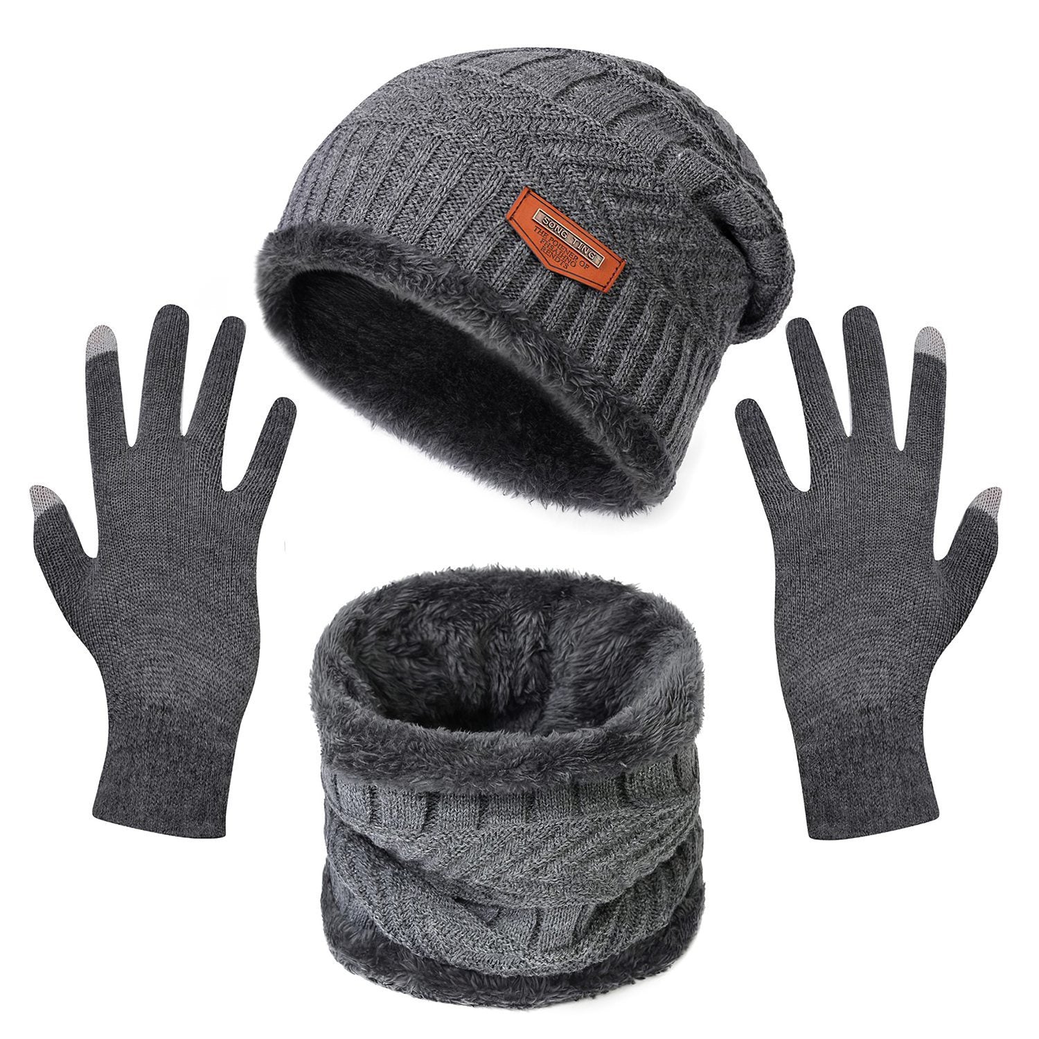 3-in-1 Winter Warm Knitted Hat, Scarf &amp; Touchscreen Gloves Set – Thick Fleece Lined Cold Weather Gear