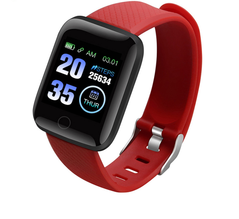 Red fitness smartwatch with digital display showing time, steps counter, date, and AM indicator