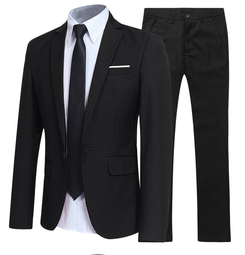 Black men's suit set with blazer, white shirt, black tie, and matching black pants