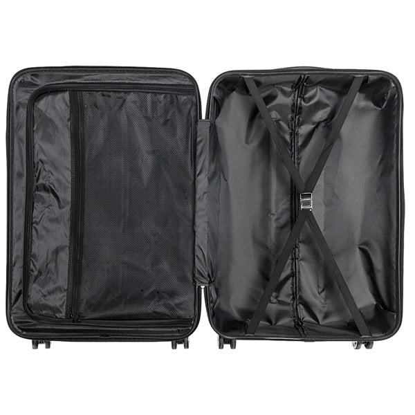 Open black hard-shell suitcase with adjustable straps and zippered mesh compartment