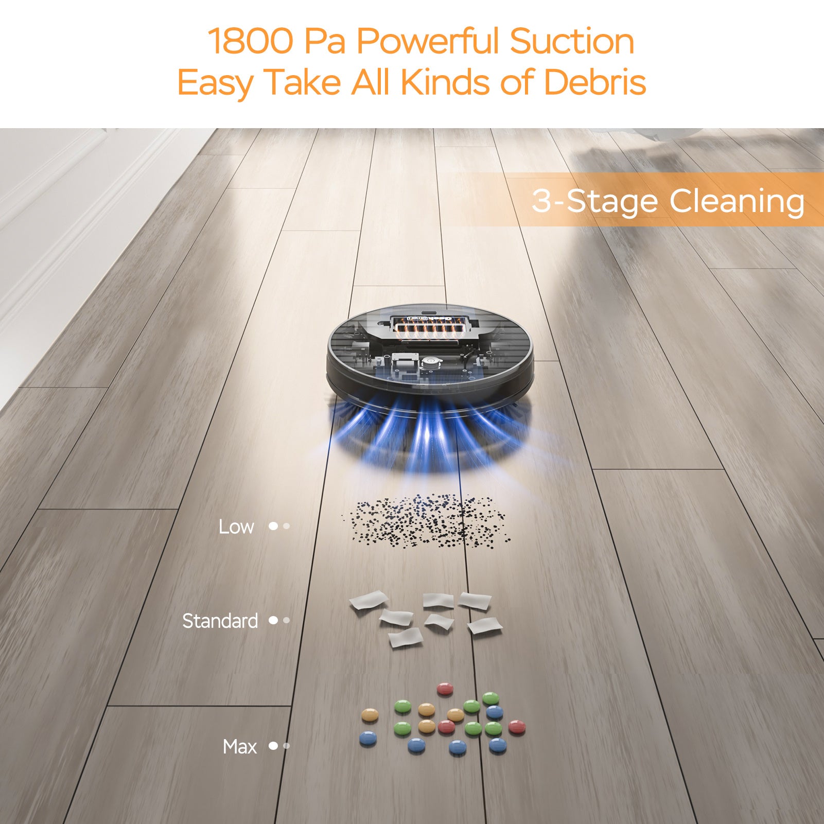 Robot vacuum cleaner on wood floor demonstrating powerful 1800 Pa suction cleaning different debris types