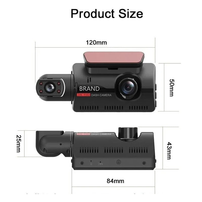 Dual lens 2K FHD dash camera with dimensions 120x50mm and 84x43x25mm in black