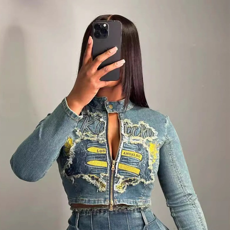 Women’s Embroidered Denim-Style Set – Cotton Top & Skirt / Street Hipster Two-Piece Outfit (S–XXL)