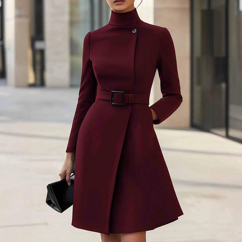Women’s Stand Collar Slim Midi Dress – High Waist Belt, Long Sleeve Elegant Office Wear