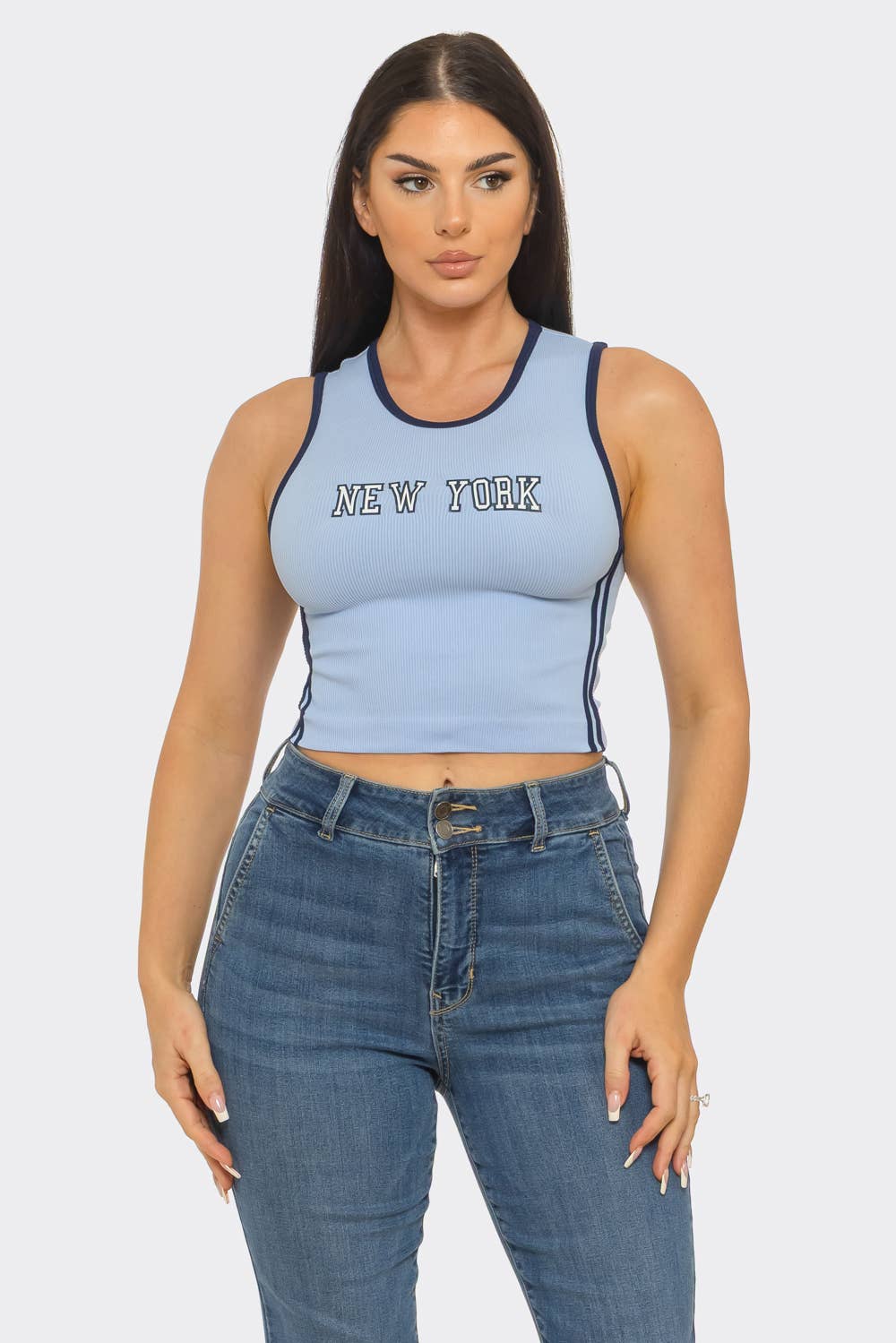 Seamless "New York" Screen Print Side Stripes Top
