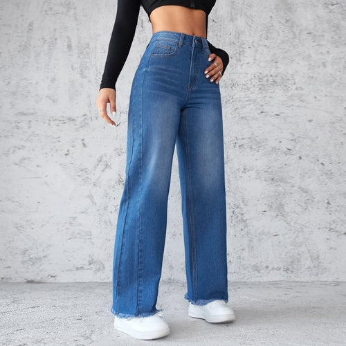 Women’s High-Waisted Denim Patchwork Pants – Stylish Casual Cotton Blend Trousers
