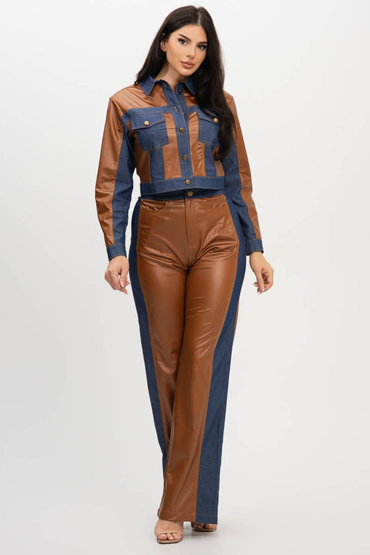 Pu Fabric Denim Contrast Jackets And Pants Set