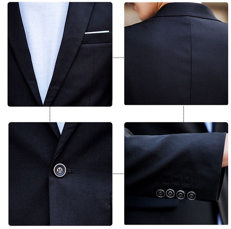 Close-up details of a black men's suit jacket showcasing lapel, back seam, single front button, and four sleeve buttons