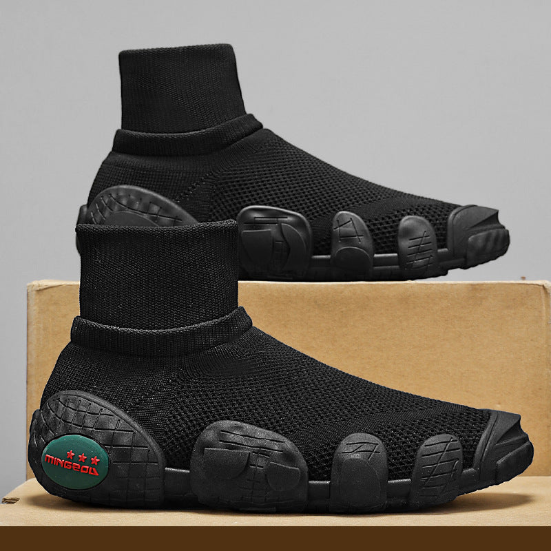 Black high-top knit sneakers with chunky textured sole and red Mingbao logo on side