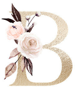 Gold textured letter B decorated with soft pink and white watercolor flowers and leaves