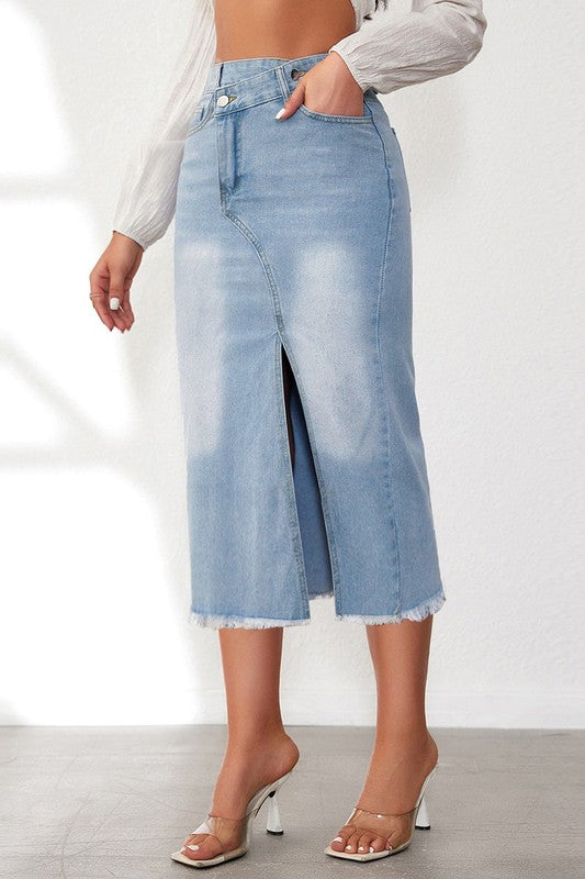 Women’s High-Waisted Split Denim Midi Skirt – Asymmetrical Zip Fly & Slim Fit