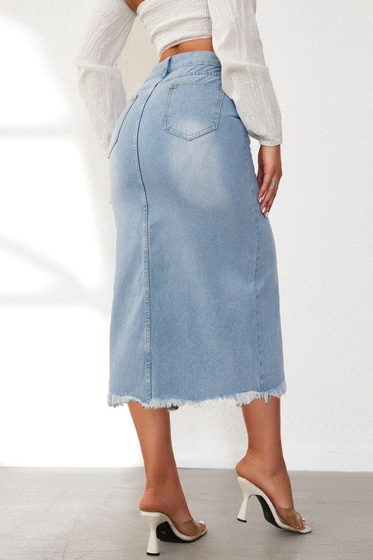 Women’s High-Waisted Split Denim Midi Skirt – Asymmetrical Zip Fly & Slim Fit