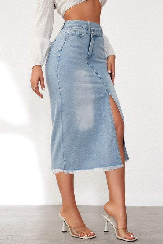 Women’s High-Waisted Split Denim Midi Skirt – Asymmetrical Zip Fly & Slim Fit