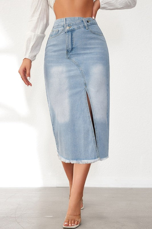 Women’s High-Waisted Split Denim Midi Skirt – Asymmetrical Zip Fly & Slim Fit