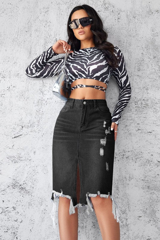 Women’s High-Waisted Mini Denim Skirt – Five-Pocket Design, Front Vent, Zip Button Closure