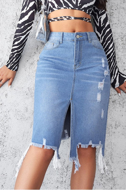 Women’s High-Waisted Mini Denim Skirt – Five-Pocket Design, Front Vent, Zip Button Closure