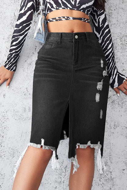 Women’s High-Waisted Mini Denim Skirt – Five-Pocket Design, Front Vent, Zip Button Closure