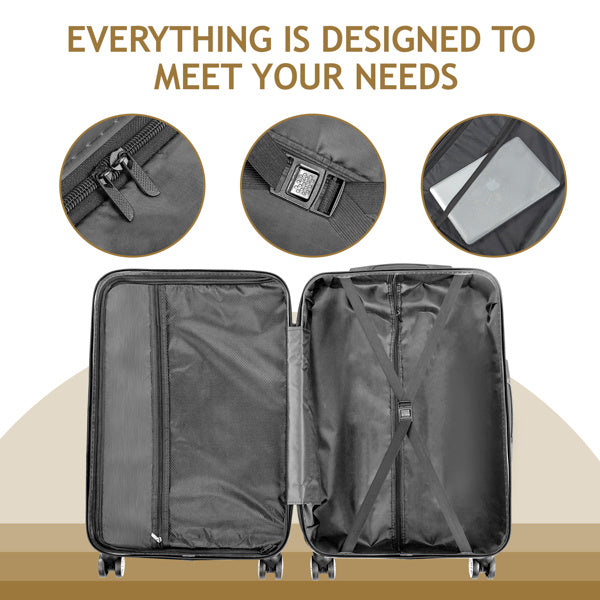 Open black suitcase with interior compartments, zipper, secure buckle, and laptop sleeve