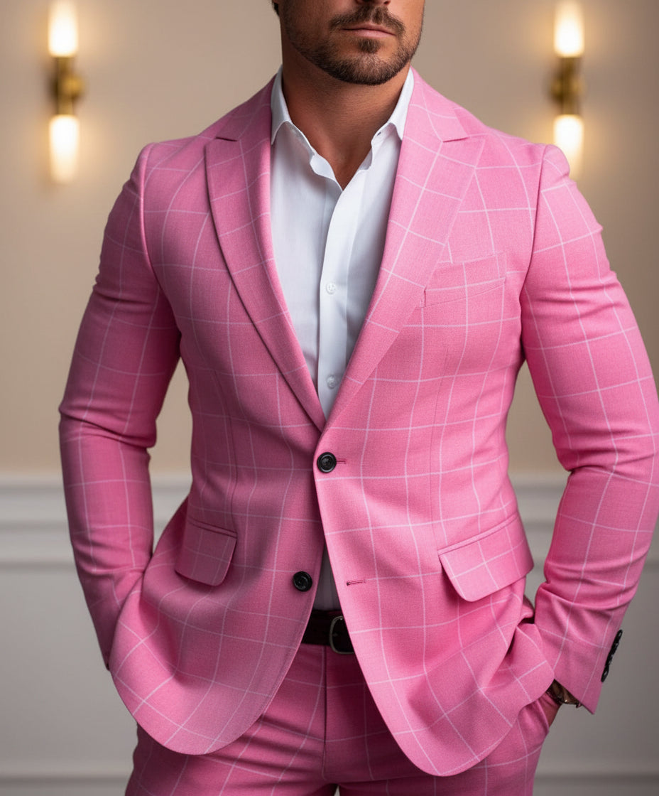 Man wearing tailored pink checkered suit jacket and matching trousers with white dress shirt