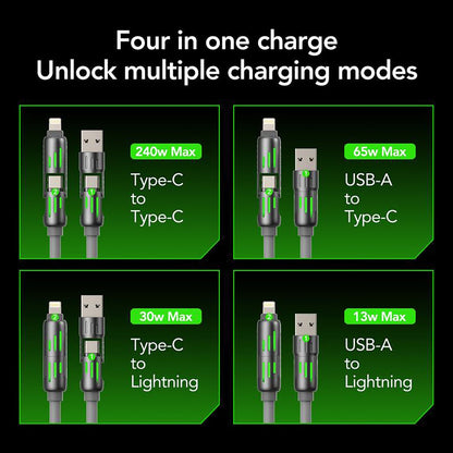 240w 4 - in - 1 USB C Cable,Multi Charger Cable With Breathing Light, PD 5A Multi Fast Charging Data Sync Silicone Compatible For I Phone S Amsung Laptop Multi Device Charging - JonaStore