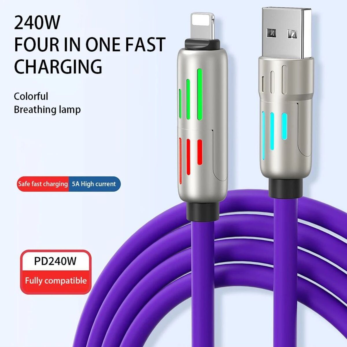 240w 4 - in - 1 USB C Cable,Multi Charger Cable With Breathing Light, PD 5A Multi Fast Charging Data Sync Silicone Compatible For I Phone S Amsung Laptop Multi Device Charging - JonaStore