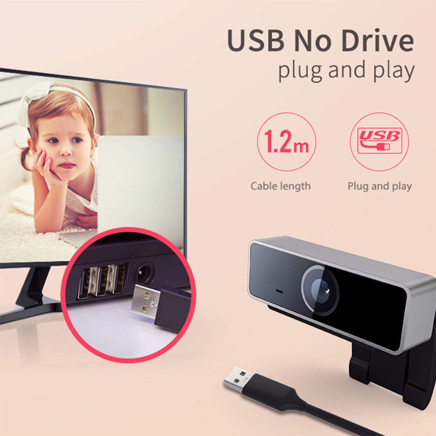 USB webcam with 1.2m cable, plug and play, displayed with child on monitor