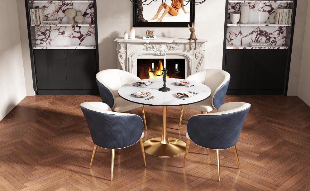 NEW LIVING ROOM DINING TABLE-WHITE ROUND TABLE WITH GOLD LEGS 80CM IN DIAMETER.