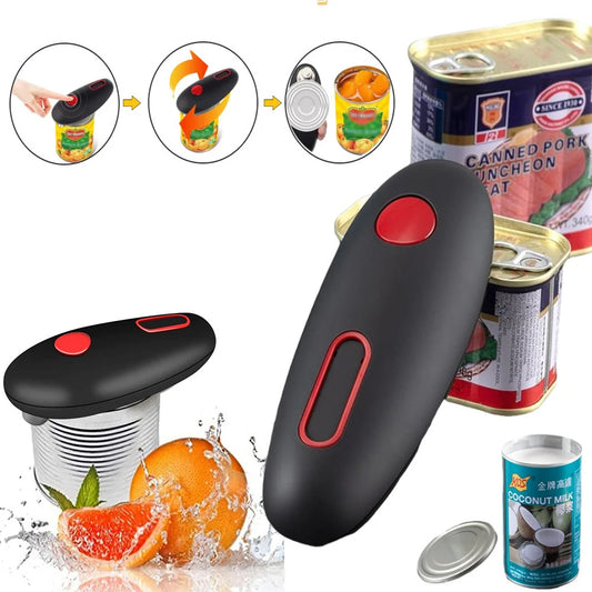 Black and red electric can opener with canned pork and coconut milk cans, easy one-touch operation