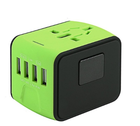 green and black universal travel adapter with three USB ports and multiple plug types