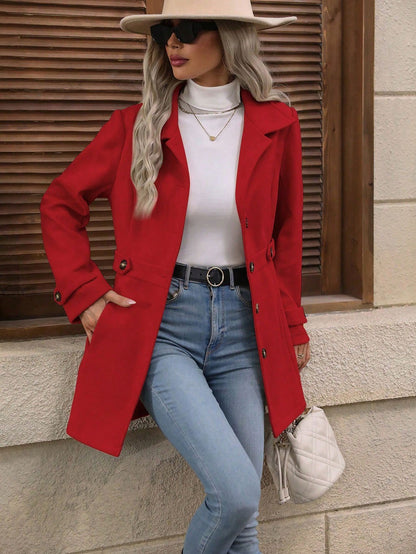 Elegant Single-breasted Woolen Coat Buttons Lapel Mid-length Jacket Temperament Commuter Outwear Clothing For Women