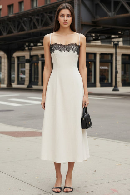 Off White Lace Contrast Camisole Midi Dress – Spaghetti Strap