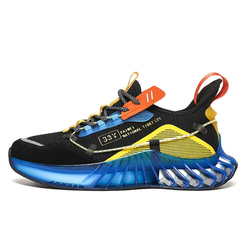 Black athletic sneaker with yellow details, blue translucent sole, orange accents, and unique lace design
