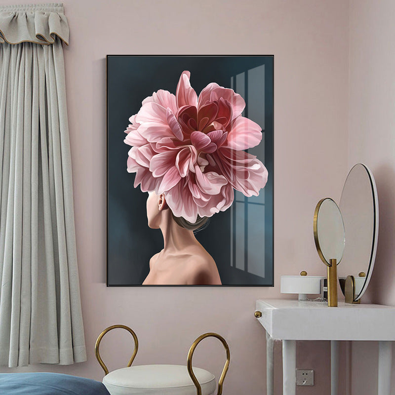 Modern wall art of a woman with large pink flower headpiece in elegant interior with beige curtains and vanity