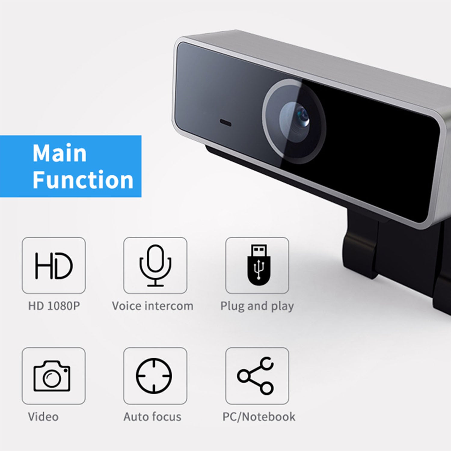 HD 1080P webcam with voice intercom, plug and play, auto focus, video for PC and notebook