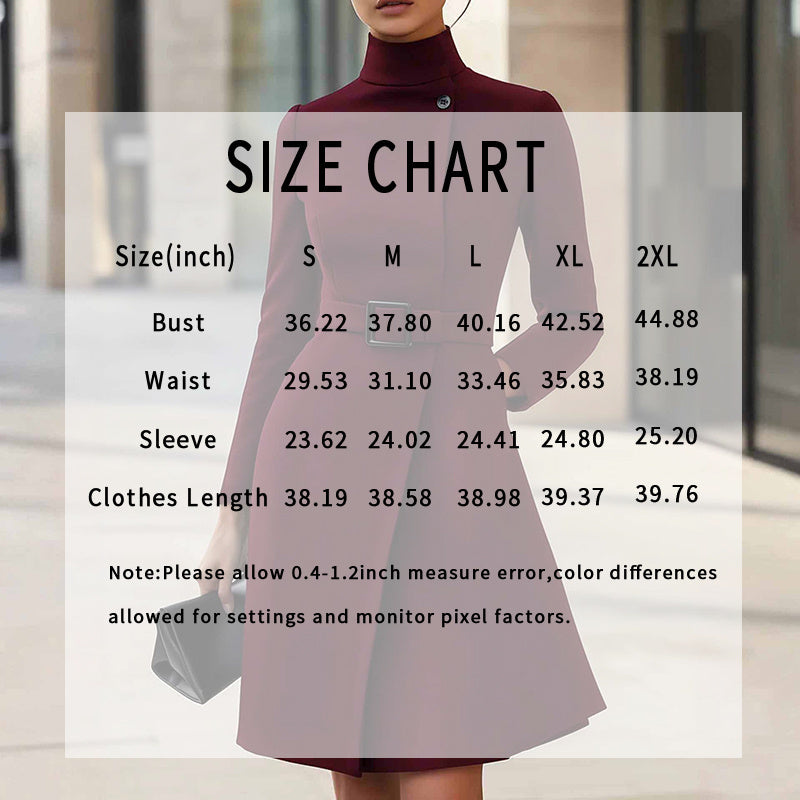 Women’s Stand Collar Slim Midi Dress – High Waist Belt, Long Sleeve Elegant Office Wear