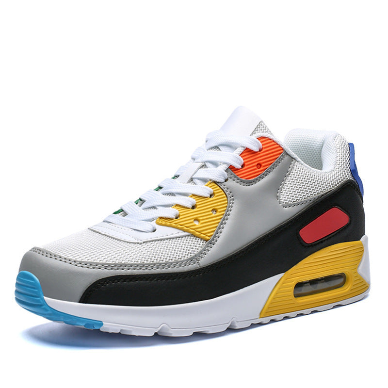 Colorful modern sneaker with white mesh, gray, black, yellow, orange, red, and blue accents and air cushioning