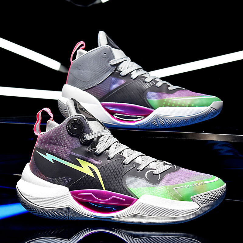 Colorful high-top basketball shoes with lightning bolt design and neon accents on black background