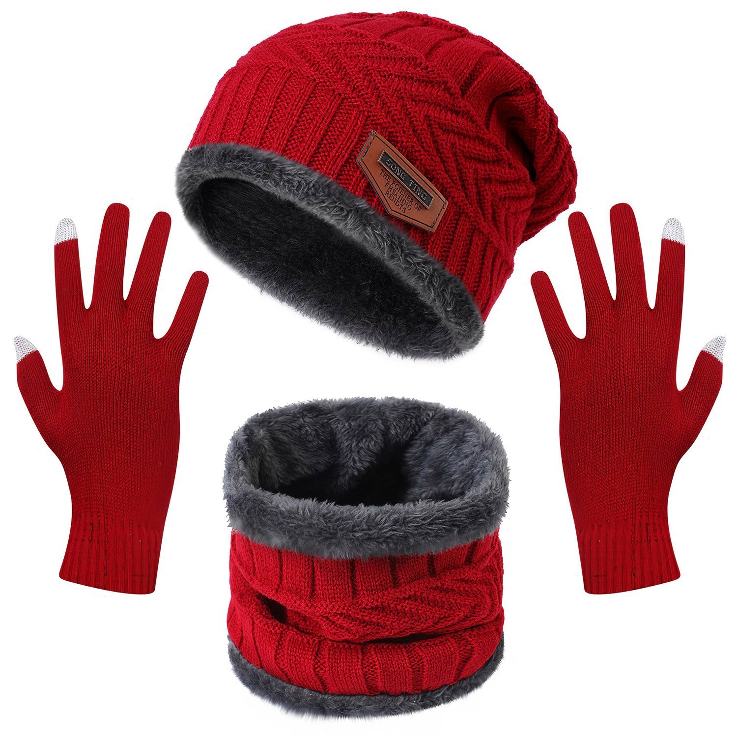 3-in-1 Winter Warm Knitted Hat, Scarf &amp; Touchscreen Gloves Set – Thick Fleece Lined Cold Weather Gear