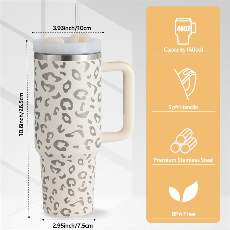 40oz leopard print insulated stainless steel travel mug with soft handle and BPA free lid