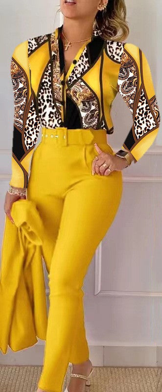 NEW Printed Long-sleeved Top Solid Color Pants Suit With Belt