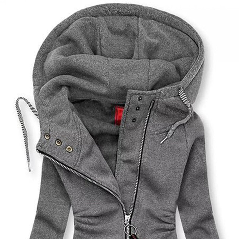 grey hoodie jacket with zipper and drawstring hood in casual style