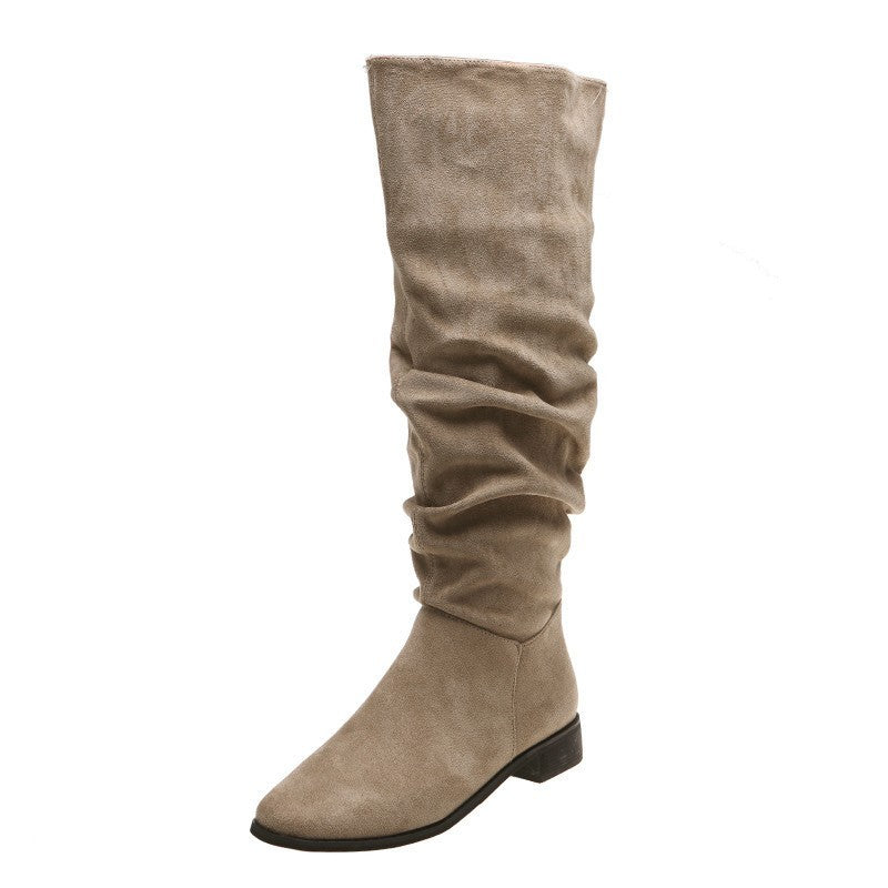 Taupe slouchy mid-calf women's suede flat boot with a round toe and low heel