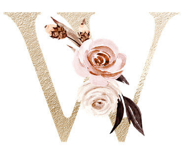 Gold textured letter V with pink and white watercolor roses and dark leaves