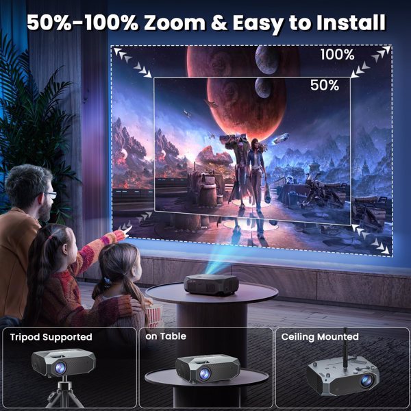 Family watching sci-fi movie projected on wall with zoomable projector, tripod, table, and ceiling mount options