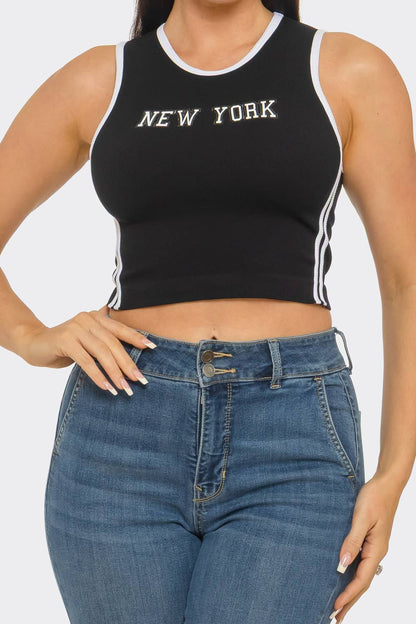 Seamless "New York" Screen Print Side Stripes Top