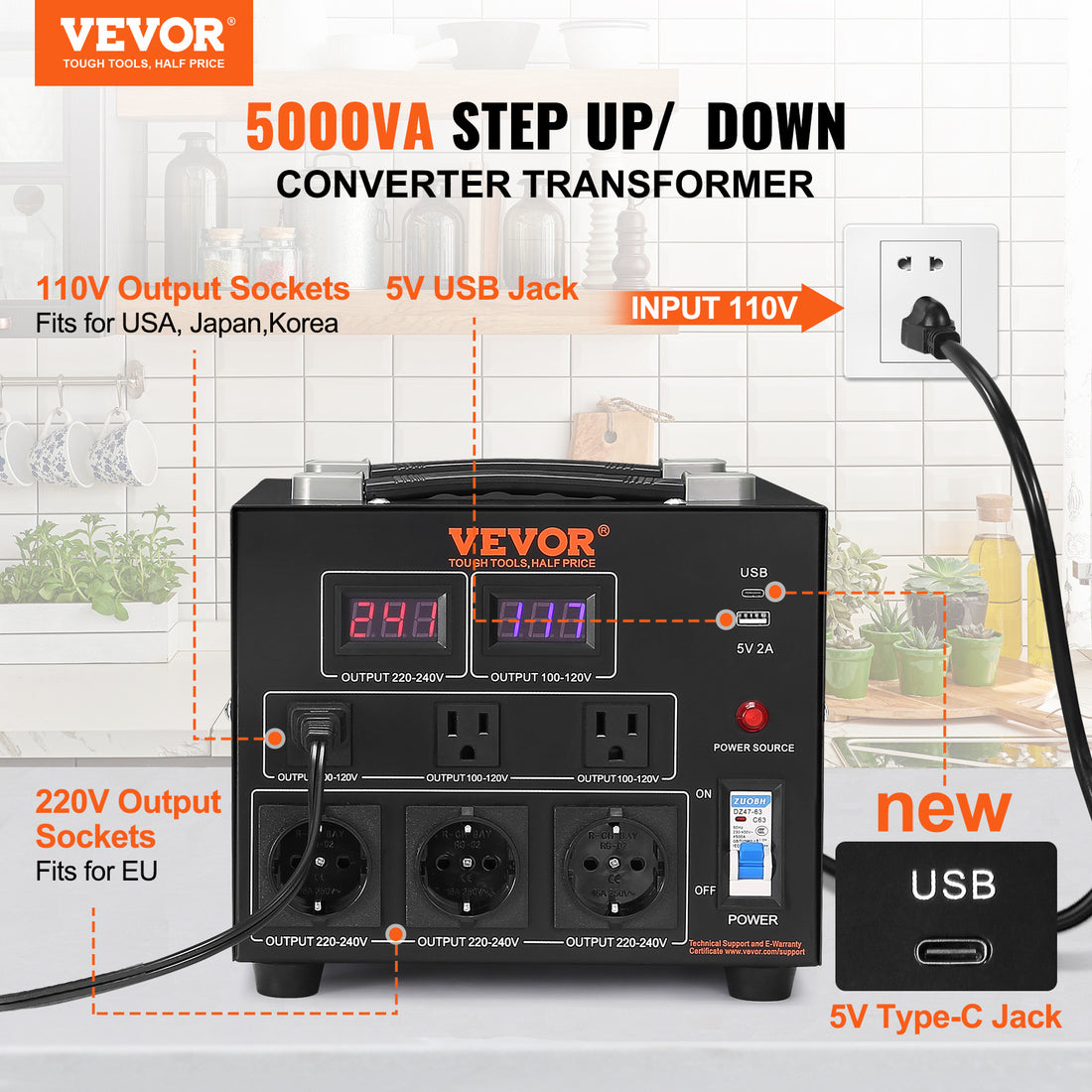 NEW Voltage Converter Transformer, 5000W, Heavy Duty Step Up Down Transformer, Convert From 110 Volt To 220 Volt And  From 220 Volt To 110 Volt, With US Outlet EU Outlet 5V USB Port, CE Certified