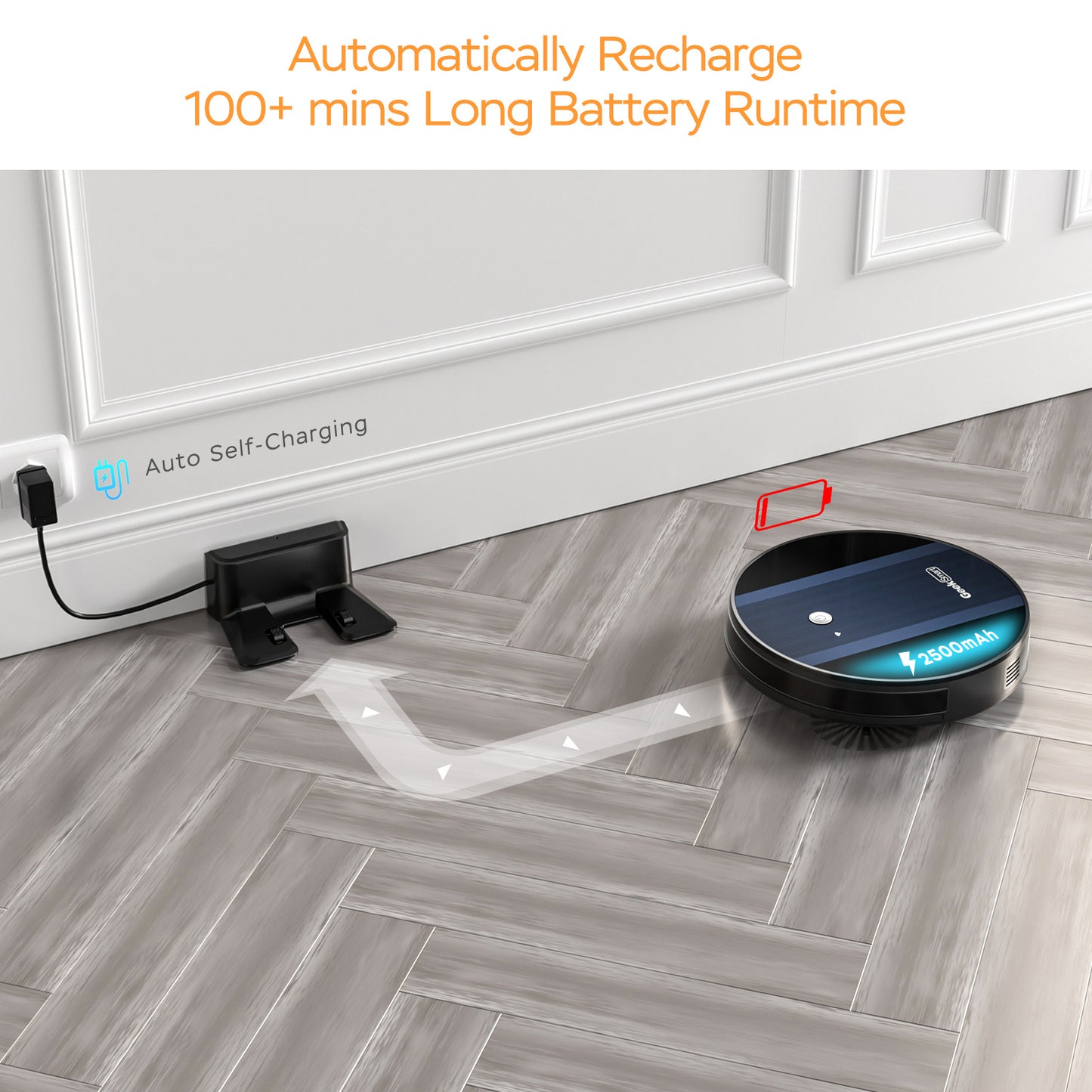 Robot vacuum with 2500mAh battery auto self-charging on grey herringbone floor