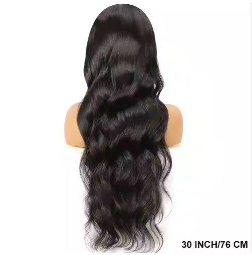 Long 30 inch wavy black hair wig on mannequin head, smooth shiny texture