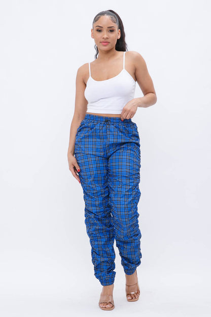 Plaid Print Wind Breaker Drawstring Shirring Jogger Pants